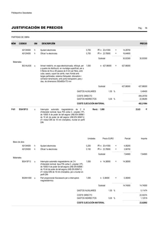 Polideportivo Sescelades 
JUSTIFICACIÓN DE PRECIOS Pág.: 56 
PARTIDAS DE OBRA 
A013H000 h Ajudant electricista 0,700 /R x 20,41000 = 14,28700 
A012H000 h Oficial 1a electricista 0,700 /R x 23,78000 = 16,64600 
Subtotal: 30,93300 30,93300 
Materiales 
BG1AU030 u Armari metàl·lic, en xapa electrozincada, reforçat, per 
a quadre de distribució, en muntatge superficial, per a 
5 fileres de fins a 48 passos de 9 mm per filera, amb 
cuba, xassís, suport de carrils, marc frontal amb 
targes perforades, sistema d'etiquetat, obturadors i 
col·lector terra/neutre, amb porta transparent, pany i 
clau, de dimensions 550x900x175 mm 
1,000 x 427,86000 = 427,86000 
Subtotal: 427,86000 427,86000 
GASTOS AUXILIARES 1,50 % 0,46400 
COSTE DIRECTO 459,25700 
GASTOS INDIRECTOS 5,00 % 22,96285 
COSTE EJECUCIÓN MATERIAL 482,21984 
P-81 EG415F13 u Interruptor automàtic magnetotèrmic de 2 A 
d'intensitat nominal, tipus PIA corba C, unipolar (1P), 
de 10000 A de poder de tall segons UNE-EN 60898 i 
de 15 kA de poder de tall segons UNE-EN 60947-2, 
d'1 mòdul DIN de 18 mm d'amplària, muntat en perfil 
DIN 
Rend.: 1,000 23,63 € 
Unidades Precio EURO Parcial Importe 
Mano de obra 
A013H000 h Ajudant electricista 0,200 /R x 20,41000 = 4,08200 
A012H000 h Oficial 1a electricista 0,150 /R x 23,78000 = 3,56700 
Subtotal: 7,64900 7,64900 
Materiales 
BG415F13 u Interruptor automàtic magnetotèrmic de 2 A 
d'intensitat nominal, tipus PIA corba C, unipolar (1P), 
de 10000 A de poder de tall segons UNE-EN 60898 i 
de 15 kA de poder de tall segons UNE-EN 60947-2, 
d'1 mòdul DIN de 18 mm d'amplària, per a muntar en 
perfil DIN 
1,000 x 14,38000 = 14,38000 
BGW41000 u Part proporcional d'accessoris per a interruptors 
magnetotèrmics 
1,000 x 0,36000 = 0,36000 
Subtotal: 14,74000 14,74000 
GASTOS AUXILIARES 1,50 % 0,11474 
COSTE DIRECTO 22,50374 
GASTOS INDIRECTOS 5,00 % 1,12519 
COSTE EJECUCIÓN MATERIAL 23,62892 
 