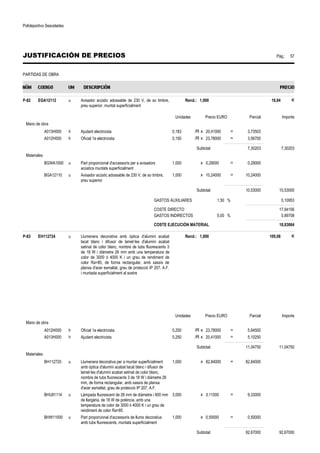 Polideportivo Sescelades 
JUSTIFICACIÓN DE PRECIOS Pág.: 57 
PARTIDAS DE OBRA 
P-82 EGA12112 u Avisador acústic adossable de 230 V, de so timbre, 
preu superior, muntat superficialment 
Rend.: 1,000 18,84 € 
Unidades Precio EURO Parcial Importe 
Mano de obra 
A013H000 h Ajudant electricista 0,183 /R x 20,41000 = 3,73503 
A012H000 h Oficial 1a electricista 0,150 /R x 23,78000 = 3,56700 
Subtotal: 7,30203 7,30203 
Materiales 
BGWA1000 u Part proporcional d'accessoris per a avisadors 
acústics muntats superficialment 
1,000 x 0,29000 = 0,29000 
BGA12110 u Avisador acústic adossable de 230 V, de so timbre, 
preu superior 
1,000 x 10,24000 = 10,24000 
Subtotal: 10,53000 10,53000 
GASTOS AUXILIARES 1,50 % 0,10953 
COSTE DIRECTO 17,94156 
GASTOS INDIRECTOS 5,00 % 0,89708 
COSTE EJECUCIÓN MATERIAL 18,83864 
P-83 EH112724 u Llumenera decorativa amb òptica d'alumini acabat 
lacat blanc i difusor de lamel·les d'alumini acabat 
satinat de color blanc, nombre de tubs fluorescents 3 
de 18 W i diàmetre 26 mm amb una temperatura de 
color de 3000 ó 4000 K i un grau de rendiment de 
color Ra=85, de forma rectangular, amb xassís de 
planxa d'acer esmaltat, grau de protecció IP 207, A.F. 
i muntada superficialment al sostre 
Rend.: 1,000 109,08 € 
Unidades Precio EURO Parcial Importe 
Mano de obra 
A012H000 h Oficial 1a electricista 0,250 /R x 23,78000 = 5,94500 
A013H000 h Ajudant electricista 0,250 /R x 20,41000 = 5,10250 
Subtotal: 11,04750 11,04750 
Materiales 
BH112720 u Llumenera decorativa per a muntar superficialment 
amb òptica d'alumini acabat lacat blanc i difusor de 
lamel·les d'alumini acabat setinat de color blanc, 
nombre de tubs fluorescents 3 de 18 W i diàmetre 26 
mm, de forma rectangular, amb xassís de planxa 
d'acer esmaltat, grau de protecció IP 207, A.F. 
1,000 x 82,84000 = 82,84000 
BHU81114 u Làmpada fluorescent de 26 mm de diàmetre i 600 mm 
de llargària, de 18 W de potència, amb una 
temperatura de color de 3000 ó 4000 K i un grau de 
rendiment de color Ra=85 
3,000 x 3,11000 = 9,33000 
BHW11000 u Part proporcional d'accessoris de llums decoratius 
amb tubs fluorescents, muntats superficialment 
1,000 x 0,50000 = 0,50000 
Subtotal: 92,67000 92,67000 
 