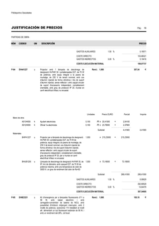 Polideportivo Sescelades 
JUSTIFICACIÓN DE PRECIOS Pág.: 58 
PARTIDAS DE OBRA 
GASTOS AUXILIARES 1,50 % 0,16571 
COSTE DIRECTO 103,88321 
GASTOS INDIRECTOS 5,00 % 5,19416 
COSTE EJECUCIÓN MATERIAL 109,07737 
P-84 EH441227 u Projector amb 1 làmpada de descàrrega de 
designació HI-PAR 30 i portalàmpades E27, de 70 W 
de potència, amb equip integrat a la peana de 
muntatge, de 230 V de tensió nominal, amb cos 
d'alumini injectat de forma cilíndrica i lira de suport 
d'alumini injectat, sense reflector i amb capçal circular 
de suport d'accessoris independent, completament 
orientable, amb grau de protecció IP 20, muntat en 
carril electrificat trifàsic no encastat 
Rend.: 1,000 307,54 € 
Unidades Precio EURO Parcial Importe 
Mano de obra 
A013H000 h Ajudant electricista 0,100 /R x 20,41000 = 2,04100 
A012H000 h Oficial 1a electricista 0,100 /R x 23,78000 = 2,37800 
Subtotal: 4,41900 4,41900 
Materiales 
BHP41227 u Projector per a làmpada de descàrrega de designació 
HI-PAR 30 i portalàmpades E27, de 70 W de 
potència, equip integrat a la peana de muntatge, de 
230 V de tensió nominal, cos d'alumini injectat de 
forma cilíndrica i lira de suport d'alumini injectat, 
sense reflector i amb capçal circular de suport 
d'accessoris independent, completament orientable, 
grau de protecció IP 20, per a muntar en carril 
electrificat trifàsic no encastat 
1,000 x 215,23000 = 215,23000 
BHUB1200 u Làmpada de descàrrega de designació HI-PAR 30, de 
97 mm de diàmetre, amb casquet E27, de 70 W de 
potència màxima, amb una temperatura de color de 
3000 K i un grau de rendiment del color de Ra=83 
1,000 x 73,18000 = 73,18000 
Subtotal: 288,41000 288,41000 
GASTOS AUXILIARES 1,50 % 0,06629 
COSTE DIRECTO 292,89529 
GASTOS INDIRECTOS 5,00 % 14,64476 
COSTE EJECUCIÓN MATERIAL 307,54005 
P-85 EH6E2321 u Kit d'emergència per a làmpades fluorescents d'11 a 
58 W, amb balast electrònic i amb 
carregador-convertidor de bateria de NiCd, amb 
possibilitat d'inhibició mitjançant interruptor, amb 2 
nivells de potència, autonomia 1h treballant al nivell 
alt i alimentant un tub fluorescent estàndar de 58 W, i 
amb un rendiment del 28%, col·locat 
Rend.: 1,000 105,10 € 
 