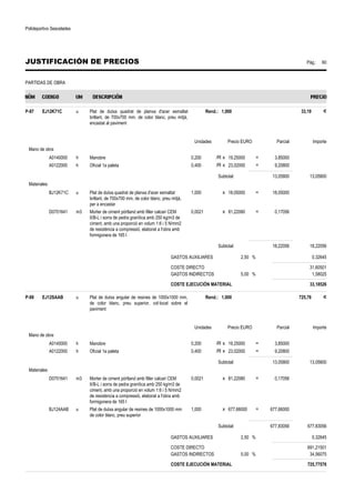 Polideportivo Sescelades 
JUSTIFICACIÓN DE PRECIOS Pág.: 60 
PARTIDAS DE OBRA 
P-87 EJ12K71C u Plat de dutxa quadrat de planxa d'acer esmaltat 
brillant, de 700x700 mm, de color blanc, preu mitjà, 
encastat al paviment 
Rend.: 1,000 33,19 € 
Unidades Precio EURO Parcial Importe 
Mano de obra 
A0140000 h Manobre 0,200 /R x 19,25000 = 3,85000 
A0122000 h Oficial 1a paleta 0,400 /R x 23,02000 = 9,20800 
Subtotal: 13,05800 13,05800 
Materiales 
BJ12K71C u Plat de dutxa quadrat de planxa d'acer esmaltat 
brillant, de 700x700 mm, de color blanc, preu mitjà, 
per a encastar 
1,000 x 18,05000 = 18,05000 
D0701641 m3 Morter de ciment pòrtland amb filler calcari CEM 
II/B-L i sorra de pedra granítica amb 250 kg/m3 de 
ciment, amb una proporció en volum 1:6 i 5 N/mm2 
de resistència a compressió, elaborat a l'obra amb 
formigonera de 165 l 
0,0021 x 81,22080 = 0,17056 
Subtotal: 18,22056 18,22056 
GASTOS AUXILIARES 2,50 % 0,32645 
COSTE DIRECTO 31,60501 
GASTOS INDIRECTOS 5,00 % 1,58025 
COSTE EJECUCIÓN MATERIAL 33,18526 
P-88 EJ12SAAB u Plat de dutxa angular de resines de 1000x1000 mm, 
de color blanc, preu superior, col·locat sobre el 
paviment 
Rend.: 1,000 725,78 € 
Unidades Precio EURO Parcial Importe 
Mano de obra 
A0140000 h Manobre 0,200 /R x 19,25000 = 3,85000 
A0122000 h Oficial 1a paleta 0,400 /R x 23,02000 = 9,20800 
Subtotal: 13,05800 13,05800 
Materiales 
D0701641 m3 Morter de ciment pòrtland amb filler calcari CEM 
II/B-L i sorra de pedra granítica amb 250 kg/m3 de 
ciment, amb una proporció en volum 1:6 i 5 N/mm2 
de resistència a compressió, elaborat a l'obra amb 
formigonera de 165 l 
0,0021 x 81,22080 = 0,17056 
BJ124AAB u Plat de dutxa angular de resines de 1000x1000 mm 
de color blanc, preu superior 
1,000 x 677,66000 = 677,66000 
Subtotal: 677,83056 677,83056 
GASTOS AUXILIARES 2,50 % 0,32645 
COSTE DIRECTO 691,21501 
GASTOS INDIRECTOS 5,00 % 34,56075 
COSTE EJECUCIÓN MATERIAL 725,77576 
 