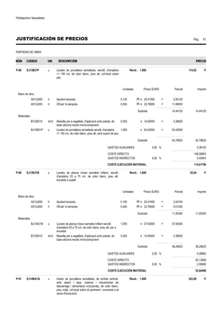 Polideportivo Sescelades 
JUSTIFICACIÓN DE PRECIOS Pág.: 61 
PARTIDAS DE OBRA 
P-89 EJ13B31P u Lavabo de porcellana esmaltada, senzill, d'amplària 
= 100 cm, de color blanc, preu alt, col·locat sobre 
peu 
Rend.: 1,000 114,02 € 
Unidades Precio EURO Parcial Importe 
Mano de obra 
A013J000 h Ajudant lampista 0,125 /R x 20,41000 = 2,55125 
A012J000 h Oficial 1a lampista 0,500 /R x 23,78000 = 11,89000 
Subtotal: 14,44125 14,44125 
Materiales 
B7J50010 dm3 Massilla per a segellats, d'aplicació amb pistola, de 
base silicona neutra monocomponent 
0,025 x 14,65000 = 0,36625 
BJ13B31P u Lavabo de porcellana esmaltada senzill, d'amplària 
= 100 cm, de color blanc, preu alt, amb suport de peu 
1,000 x 93,42000 = 93,42000 
Subtotal: 93,78625 93,78625 
GASTOS AUXILIARES 2,50 % 0,36103 
COSTE DIRECTO 108,58853 
GASTOS INDIRECTOS 5,00 % 5,42943 
COSTE EJECUCIÓN MATERIAL 114,01796 
P-90 EJ13K21B u Lavabo de planxa d'acer esmaltat brillant, senzill, 
d'amplària 53 a 75 cm, de color blanc, preu alt, 
encastat a taulell 
Rend.: 1,000 52,64 € 
Unidades Precio EURO Parcial Importe 
Mano de obra 
A013J000 h Ajudant lampista 0,100 /R x 20,41000 = 2,04100 
A012J000 h Oficial 1a lampista 0,400 /R x 23,78000 = 9,51200 
Subtotal: 11,55300 11,55300 
Materiales 
BJ13K21B u Lavabo de planxa d'acer esmaltat brillant senzill, 
d'amplària 53 a 75 cm, de color blanc, preu alt, per a 
encastar 
1,000 x 37,93000 = 37,93000 
B7J50010 dm3 Massilla per a segellats, d'aplicació amb pistola, de 
base silicona neutra monocomponent 
0,025 x 14,65000 = 0,36625 
Subtotal: 38,29625 38,29625 
GASTOS AUXILIARES 2,50 % 0,28883 
COSTE DIRECTO 50,13808 
GASTOS INDIRECTOS 5,00 % 2,50690 
COSTE EJECUCIÓN MATERIAL 52,64498 
P-91 EJ14BA1Q u Inodor de porcellana esmaltada, de sortida vertical, 
amb seient i tapa, cisterna i mecanismes de 
descàrrega i alimentació incorporats, de color blanc, 
preu mitjà, col·locat sobre el paviment i connectat a la 
xarxa d'evacuació 
Rend.: 1,000 222,89 € 
 