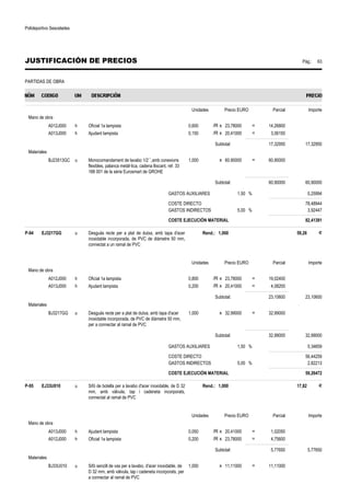 Polideportivo Sescelades 
JUSTIFICACIÓN DE PRECIOS Pág.: 63 
PARTIDAS DE OBRA 
Unidades Precio EURO Parcial Importe 
Mano de obra 
A012J000 h Oficial 1a lampista 0,600 /R x 23,78000 = 14,26800 
A013J000 h Ajudant lampista 0,150 /R x 20,41000 = 3,06150 
Subtotal: 17,32950 17,32950 
Materiales 
BJ23513GC u Monocomandament de lavabo 1/2´´,amb conexions 
flexibles, palanca metàl·lica, cadena lliscant, ref. 33 
188 001 de la sèrie Eurosmart de GROHE 
1,000 x 60,90000 = 60,90000 
Subtotal: 60,90000 60,90000 
GASTOS AUXILIARES 1,50 % 0,25994 
COSTE DIRECTO 78,48944 
GASTOS INDIRECTOS 5,00 % 3,92447 
COSTE EJECUCIÓN MATERIAL 82,41391 
P-94 EJ3217GG u Desguàs recte per a plat de dutxa, amb tapa d'acer 
inoxidable incorporada, de PVC de diàmetre 50 mm, 
connectat a un ramal de PVC 
Rend.: 1,000 59,26 € 
Unidades Precio EURO Parcial Importe 
Mano de obra 
A012J000 h Oficial 1a lampista 0,800 /R x 23,78000 = 19,02400 
A013J000 h Ajudant lampista 0,200 /R x 20,41000 = 4,08200 
Subtotal: 23,10600 23,10600 
Materiales 
BJ3217GG u Desguàs recte per a plat de dutxa, amb tapa d'acer 
inoxidable incorporada, de PVC de diàmetre 50 mm, 
per a connectar al ramal de PVC 
1,000 x 32,99000 = 32,99000 
Subtotal: 32,99000 32,99000 
GASTOS AUXILIARES 1,50 % 0,34659 
COSTE DIRECTO 56,44259 
GASTOS INDIRECTOS 5,00 % 2,82213 
COSTE EJECUCIÓN MATERIAL 59,26472 
P-95 EJ33U010 u Sifó de botella per a lavabo d'acer inoxidable, de D 32 
mm, amb vàlvula, tap i cadeneta incorporats, 
connectat al ramal de PVC 
Rend.: 1,000 17,82 € 
Unidades Precio EURO Parcial Importe 
Mano de obra 
A013J000 h Ajudant lampista 0,050 /R x 20,41000 = 1,02050 
A012J000 h Oficial 1a lampista 0,200 /R x 23,78000 = 4,75600 
Subtotal: 5,77650 5,77650 
Materiales 
BJ33U010 u Sifó senzill de vas per a lavabo, d'acer inoxidable, de 
D 32 mm, amb vàlvula, tap i cadeneta incorporats, per 
a connectar al ramal de PVC 
1,000 x 11,11000 = 11,11000 
 