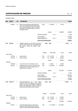 Polideportivo Sescelades 
JUSTIFICACIÓN DE PRECIOS Pág.: 66 
PARTIDAS DE OBRA 
D0701641 m3 Morter de ciment pòrtland amb filler calcari CEM 
II/B-L i sorra de pedra granítica amb 250 kg/m3 de 
ciment, amb una proporció en volum 1:6 i 5 N/mm2 
de resistència a compressió, elaborat a l'obra amb 
formigonera de 165 l 
0,0021 x 81,22080 = 0,17056 
Subtotal: 196,48056 196,48056 
GASTOS AUXILIARES 1,50 % 0,74962 
COSTE DIRECTO 247,20468 
GASTOS INDIRECTOS 5,00 % 12,36023 
COSTE EJECUCIÓN MATERIAL 259,56491 
P-101 EJA12411 u Escalfador instantani per a gas natural, de 28 kW de 
potència, 16 l/min de cabal i 25 °C de gradient tèrmic, 
preu superior, col·locat amb fixacions murals i 
connectat 
Rend.: 1,000 714,49 € 
Unidades Precio EURO Parcial Importe 
Mano de obra 
A013J000 h Ajudant lampista 0,250 /R x 20,41000 = 5,10250 
A012J000 h Oficial 1a lampista 1,000 /R x 23,78000 = 23,78000 
Subtotal: 28,88250 28,88250 
Materiales 
B0A61800 u Tac de niló de 8 a 10 mm de diàmetre, amb vis 2,000 x 0,18000 = 0,36000 
BJA12410 u Escalfador instantani a gas per a gas natural, de 28 
kW de potència, de 16 l/min de cabal i 25 °C de 
gradient tèrmic, preu superior 
1,000 x 650,79000 = 650,79000 
Subtotal: 651,15000 651,15000 
GASTOS AUXILIARES 1,50 % 0,43324 
COSTE DIRECTO 680,46574 
GASTOS INDIRECTOS 5,00 % 34,02329 
COSTE EJECUCIÓN MATERIAL 714,48902 
P-102 EJAA7T12 u Acumulador-bescanviador per a aigua calenta 
sanitària de 1000 l de capacitat, amb un serpentí 
tubular, amb cubeta d'acer esmaltat i aïllament de 
poliuretà, amb bescanviador de plaques, col·locat en 
posició vertical amb fixacions murals i connectat 
Rend.: 1,000 2.513,56 € 
Unidades Precio EURO Parcial Importe 
Mano de obra 
A013J000 h Ajudant lampista 5,500 /R x 20,41000 = 112,25500 
A012J000 h Oficial 1a lampista 5,500 /R x 23,78000 = 130,79000 
Subtotal: 243,04500 243,04500 
Materiales 
BJAA7T11 u Acumulador-bescanviador per a aigua calenta 
sanitària de 1000 l de capacitat, amb un serpentí 
tubular, amb cubeta d'acer esmaltat i aïllament de 
1,000 x 2.144,75000 = 2.144,75000 
 