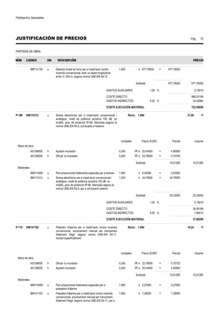 Polideportivo Sescelades 
JUSTIFICACIÓN DE PRECIOS Pág.: 70 
PARTIDAS DE OBRA 
BM11L130 u Detector lineal de fums per a instal·lació contra 
incendis convencional, amb un abast longitudinal 
entre 3 i 300 m, segons norma UNE-EN 54-12 
1,000 x 677,76000 = 677,76000 
Subtotal: 677,76000 677,76000 
GASTOS AUXILIARES 1,50 % 0,15919 
COSTE DIRECTO 688,53199 
GASTOS INDIRECTOS 5,00 % 34,42660 
COSTE EJECUCIÓN MATERIAL 722,95859 
P-109 EM131212 u Sirena electrònica per a instal·lació convencional i 
analògica, nivell de potència acústica 100 dB, so 
multitò, grau de protecció IP-66, fabricada segons la 
norma UNE-EN 54-3, col·locada a l'exterior 
Rend.: 1,000 37,80 € 
Unidades Precio EURO Parcial Importe 
Mano de obra 
A013M000 h Ajudant muntador 0,240 /R x 20,44000 = 4,90560 
A012M000 h Oficial 1a muntador 0,240 /R x 23,78000 = 5,70720 
Subtotal: 10,61280 10,61280 
Materiales 
BMY13000 u Part proporcional d'elements especials per a sirenes 1,000 x 0,53000 = 0,53000 
BM131212 u Sirena electrònica per a instal·lació convencional i 
analògica, nivell de potència acústica 100 dB, so 
multitò, grau de protecció IP-66, fabricada segons la 
norma UNE-EN 54-3, per a col·locació exterior 
1,000 x 24,70000 = 24,70000 
Subtotal: 25,23000 25,23000 
GASTOS AUXILIARES 1,50 % 0,15919 
COSTE DIRECTO 36,00199 
GASTOS INDIRECTOS 5,00 % 1,80010 
COSTE EJECUCIÓN MATERIAL 37,80209 
P-110 EM141102 u Polsador d'alarma per a instal·lació contra incendis 
convencional, accionament manual per trencament 
d'element fràgil, segons norma UNE-EN 54-11, 
muntat superficialment 
Rend.: 1,000 19,24 € 
Unidades Precio EURO Parcial Importe 
Mano de obra 
A012M000 h Oficial 1a muntador 0,240 /R x 23,78000 = 5,70720 
A013M000 h Ajudant muntador 0,240 /R x 20,44000 = 4,90560 
Subtotal: 10,61280 10,61280 
Materiales 
BMY14000 u Part proporcional d'elements especials per a 
polsadors d'alarma 
1,000 x 0,27000 = 0,27000 
BM141102 u Polsador d'alarma per a instal·lació contra incendis 
convencional, accionament manual per trencament 
d'element fràgil, segons norma UNE-EN 54-11, per a 
1,000 x 7,28000 = 7,28000 
 