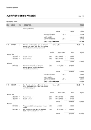 Polideportivo Sescelades 
JUSTIFICACIÓN DE PRECIOS Pág.: 71 
PARTIDAS DE OBRA 
muntar superficialment 
Subtotal: 7,55000 7,55000 
GASTOS AUXILIARES 1,50 % 0,15919 
COSTE DIRECTO 18,32199 
GASTOS INDIRECTOS 5,00 % 0,91610 
COSTE EJECUCIÓN MATERIAL 19,23809 
P-111 EM15U010 u Retenedor electromagnètic per a tancament 
automàtic de portes, amb placa de muntatge, 
interruptor d'accionament manual i connexionat 
Rend.: 1,000 132,32 € 
Unidades Precio EURO Parcial Importe 
Mano de obra 
A012M000 h Oficial 1a muntador 0,250 /R x 23,78000 = 5,94500 
A013M000 h Ajudant muntador 0,250 /R x 20,44000 = 5,11000 
Subtotal: 11,05500 11,05500 
Materiales 
BM15U010 u Retenedor electromagnètic per a tancament 
automàtic de portes, amb placa de muntatge i 
interruptor d'accionament manual 
1,000 x 114,80000 = 114,80000 
Subtotal: 114,80000 114,80000 
GASTOS AUXILIARES 1,50 % 0,16583 
COSTE DIRECTO 126,02083 
GASTOS INDIRECTOS 5,00 % 6,30104 
COSTE EJECUCIÓN MATERIAL 132,32187 
P-112 EM23134R u Boca d'incendis amb enllaç de 25 mm de diàmetre, 
BIE-25, amb mànega de 20 m, amb armari, muntada 
superficialment a la paret 
Rend.: 1,000 339,62 € 
Unidades Precio EURO Parcial Importe 
Mano de obra 
A013M000 h Ajudant muntador 2,500 /R x 20,44000 = 51,10000 
A012M000 h Oficial 1a muntador 2,500 /R x 23,78000 = 59,45000 
Subtotal: 110,55000 110,55000 
Materiales 
BMY23000 u Part proporcional d'elements especials per a boques 
d'incendi 
1,000 x 0,59000 = 0,59000 
BM231340 u Boca d'incendis amb enllaç de 25 mm de diàmetre, 
BIE-25, amb mànega de 20 m, amb armari 
1,000 x 210,65000 = 210,65000 
Subtotal: 211,24000 211,24000 
 