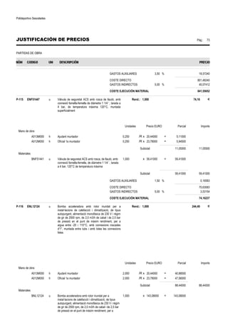 Polideportivo Sescelades 
JUSTIFICACIÓN DE PRECIOS Pág.: 73 
PARTIDAS DE OBRA 
GASTOS AUXILIARES 3,50 % 18,57240 
COSTE DIRECTO 801,48240 
GASTOS INDIRECTOS 5,00 % 40,07412 
COSTE EJECUCIÓN MATERIAL 841,55652 
P-115 ENF51447 u Vàlvula de seguretat ACS amb rosca de llautó, amb 
connexió femella-femella de diàmetre 1 1/4´´, tarada a 
4 bar, de temperatura màxima 120°C, muntada 
superficialment 
Rend.: 1,000 74,16 € 
Unidades Precio EURO Parcial Importe 
Mano de obra 
A013M000 h Ajudant muntador 0,250 /R x 20,44000 = 5,11000 
A012M000 h Oficial 1a muntador 0,250 /R x 23,78000 = 5,94500 
Subtotal: 11,05500 11,05500 
Materiales 
BNF51441 u Vàlvula de seguretat ACS amb rosca, de llautó, amb 
connexió femella-femella, de diàmetre 1 1/4´´, tarada 
a 4 bar, 120°C de temperatura màxima 
1,000 x 59,41000 = 59,41000 
Subtotal: 59,41000 59,41000 
GASTOS AUXILIARES 1,50 % 0,16583 
COSTE DIRECTO 70,63083 
GASTOS INDIRECTOS 5,00 % 3,53154 
COSTE EJECUCIÓN MATERIAL 74,16237 
P-116 ENL12124 u Bomba acceleradora amb rotor inundat per a 
instal·lacions de calefacció i climatització, de tipus 
autopurgant, alimentació monofàsica de 230 V i règim 
de gir de 2500 rpm, de 2,0 m3/h de cabal i de 2,5 bar 
de pressió en el punt de màxim rendiment, per a 
aigua entre -20 i 110°C, amb connexions roscades 
d'1'', muntada entre tubs i amb totes les connexions 
fetes 
Rend.: 1,000 244,49 € 
Unidades Precio EURO Parcial Importe 
Mano de obra 
A013M000 h Ajudant muntador 2,000 /R x 20,44000 = 40,88000 
A012M000 h Oficial 1a muntador 2,000 /R x 23,78000 = 47,56000 
Subtotal: 88,44000 88,44000 
Materiales 
BNL12124 u Bomba acceleradora amb rotor inundat per a 
instal·lacions de calefacció i climatització, de tipus 
autopurgant, alimentació monofàsica de 230 V i règim 
de gir de 2500 rpm, de 2,0 m3/h de cabal i de 2,5 bar 
de pressió en el punt de màxim rendiment, per a 
1,000 x 143,08000 = 143,08000 
 