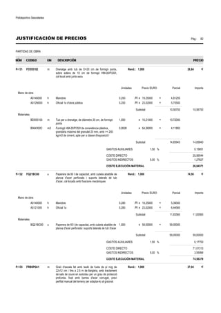 Polideportivo Sescelades 
JUSTIFICACIÓN DE PRECIOS Pág.: 82 
PARTIDAS DE OBRA 
P-131 FD555182 m Drenatge amb tub de D=20 cm de formigó porós, 
sobre solera de 10 cm de formigó HM-20/P/20/I, 
col·locat amb junts secs 
Rend.: 1,000 26,84 € 
Unidades Precio EURO Parcial Importe 
Mano de obra 
A0140000 h Manobre 0,250 /R x 19,25000 = 4,81250 
A012N000 h Oficial 1a d'obra pública 0,250 /R x 23,02000 = 5,75500 
Subtotal: 10,56750 10,56750 
Materiales 
BD555100 m Tub per a drenatge, de diàmetre 20 cm, de formigó 
porós 
1,050 x 10,21000 = 10,72050 
B064300C m3 Formigó HM-20/P/20/I de consistència plàstica, 
grandària màxima del granulat 20 mm, amb = 200 
kg/m3 de ciment, apte per a classe d'exposició I 
0,0638 x 64,56000 = 4,11893 
Subtotal: 14,83943 14,83943 
GASTOS AUXILIARES 1,50 % 0,15851 
COSTE DIRECTO 25,56544 
GASTOS INDIRECTOS 5,00 % 1,27827 
COSTE EJECUCIÓN MATERIAL 26,84371 
P-132 FQ21BC60 u Paperera de 60 l de capacitat, amb cubeta abatible de 
planxa d'acer perforada i suports laterals de tub 
d'acer, col·locada amb fixacions mecàniques 
Rend.: 1,000 74,56 € 
Unidades Precio EURO Parcial Importe 
Mano de obra 
A0140000 h Manobre 0,280 /R x 19,25000 = 5,39000 
A0121000 h Oficial 1a 0,280 /R x 23,02000 = 6,44560 
Subtotal: 11,83560 11,83560 
Materiales 
BQ21BC60 u Paperera de 60 l de capacitat, amb cubeta abatible de 
planxa d'acer perforada i suports laterals de tub d'acer 
1,000 x 59,00000 = 59,00000 
Subtotal: 59,00000 59,00000 
GASTOS AUXILIARES 1,50 % 0,17753 
COSTE DIRECTO 71,01313 
GASTOS INDIRECTOS 5,00 % 3,55066 
COSTE EJECUCIÓN MATERIAL 74,56379 
P-133 FRB5P6A1 m Graó d'escala fet amb tauló de fusta de pi roig de 
22x12 cm i fins a 2,5 m de llargària, amb tractament 
de sals de coure en autoclau per un grau de protecció 
profunda, fixat amb barres d'acer corrugat, previ 
perfilat manual del terreny per adaptar-lo al graonat 
Rend.: 1,000 27,04 € 
 