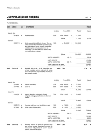 Polideportivo Sescelades 
JUSTIFICACIÓN DE PRECIOS Pág.: 86 
PARTIDAS DE OBRA 
Unidades Precio EURO Parcial Importe 
Mano de obra 
A013M000 h Ajudant muntador 0,300 /R x 20,44000 = 6,13200 
Subtotal: 6,13200 6,13200 
Materiales 
BQS2UV10 u Joc de pals voleibol metàl-lics de diàmetre 10 cm per 
a fixar a encastat al paviment amb regulació d´alçada 
amb regla numerada, tensor mecànic, amb xarxa de 
voleibol competició confeccionada en trena de 
poliamida de 3 mm amb cable d´acer plastificat de 6 
mm i amb fundes per a varetes 
1,000 x 304,96000 = 304,96000 
Subtotal: 304,96000 304,96000 
GASTOS AUXILIARES 1,50 % 0,09198 
COSTE DIRECTO 311,18398 
GASTOS INDIRECTOS 5,00 % 15,55920 
COSTE EJECUCIÓN MATERIAL 326,74318 
P-139 KQS2UZ10 u Ancoratge metàl·lic per a pal de voleibol amb tapa, 
col·locat encastat al paviment amb morter de resines 
epoxi, amb perforació de paviment feta amb màquina 
amb corona de diamant 
Rend.: 1,000 75,79 € 
Unidades Precio EURO Parcial Importe 
Mano de obra 
A0150000 h Manobre especialista 1,200 /R x 19,92000 = 23,90400 
A0121000 h Oficial 1a 0,500 /R x 23,02000 = 11,51000 
Subtotal: 35,41400 35,41400 
Maquinaria 
C200H000 h Màquina taladradora amb broca de diamant 
refrigerada amb aigua per a forats de 5 a 20 cm com 
a màxim 
1,200 /R x 8,40000 = 10,08000 
Subtotal: 10,08000 10,08000 
Materiales 
BQSZU170 u Ancoratge metàl-lic per a pal de voleibol amb tapa 1,000 x 11,80000 = 11,80000 
B0714000 kg Morter sintètic de resines epoxi 4,000 x 3,50000 = 14,00000 
Subtotal: 25,80000 25,80000 
GASTOS AUXILIARES 2,50 % 0,88535 
COSTE DIRECTO 72,17935 
GASTOS INDIRECTOS 5,00 % 3,60897 
COSTE EJECUCIÓN MATERIAL 75,78832 
P-140 KQS2UZ20 u Ancoratge metàl·lic per aparell de gimnàstica amb 
tapa, col·locat encastat al paviment amb morter de 
resines epoxi, amb perforació de paviment feta amb 
màquina amb corona de diamant 
Rend.: 1,000 48,82 € 
 