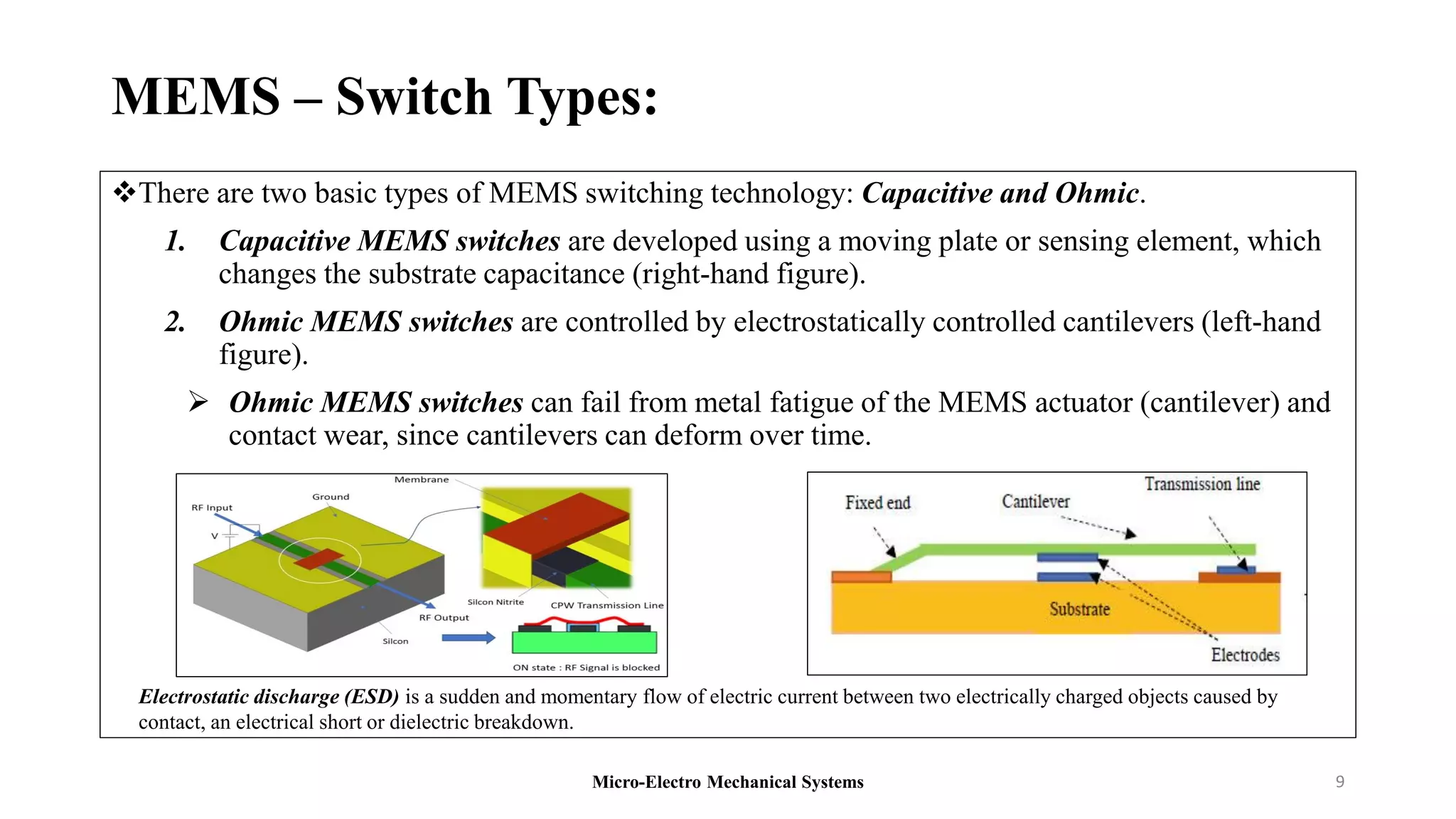MEMS – Switch Types:
There are two basic types of MEMS switching technology: Capacitive and Ohmic.
1. Capacitive MEMS switches are developed using a moving plate or sensing element, which
changes the substrate capacitance (right-hand figure).
2. Ohmic MEMS switches are controlled by electrostatically controlled cantilevers (left-hand
figure).
 Ohmic MEMS switches can fail from metal fatigue of the MEMS actuator (cantilever) and
contact wear, since cantilevers can deform over time.
Micro-Electro Mechanical Systems 9
Electrostatic discharge (ESD) is a sudden and momentary flow of electric current between two electrically charged objects caused by
contact, an electrical short or dielectric breakdown.
 
