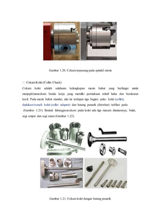 Gambar 1.20. Cekam terpasang pada spindel mesin
Cekam kolet adalah salahsatu kelengkapan mesin bubut yang berfungsi untuk
menjepit/mencekam benda kerja yang memilki permukaan relatif halus dan berukuran
kecil. Pada mesin bubut standar, alat ini terdapat tiga bagian yaitu: kolet (collet),
dudukan/rumah kolet (collet adapter) dan batang penarik (drawbar) terlihat pada
(Gambar 1.21). Bentuk lubangpencekam pada kolet ada tiga macam diantaranya, bulat,
segi empat dan segi enam (Gambar 1.22).
Gambar 1.21. Cekam kolet dengan batang penarik
 