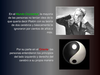 En el Mundo Occidental, la mayoría de las personas no tenían idea de lo quequeríadecirPlatón con suteoría de dos cerebros y básicamente la ignoraronporcientos de años o más.Porsu parte en el Oriente, las personas entendieron los principios del ladoizquierdo y derecho del cerebro a supropiamanera