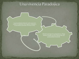 Las personalidades limítrofes suelen pasar de la
euforia a la depresión, de la ingenua credulidad a
  la desconfianza paranoide, del amor al odio.




                                                     Desde la perspectiva psiquiátrica, Diego
                                                     Santoy cumple con los criterios de una
                                                             personalidad limítrofe.
 