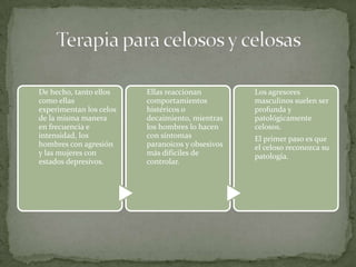 De hecho, tanto ellos    Ellas reaccionan         Los agresores
como ellas               comportamientos          masculinos suelen ser
experimentan los celos   histéricos o             profunda y
de la misma manera       decaimiento, mientras    patológicamente
en frecuencia e          los hombres lo hacen     celosos.
intensidad, los          con síntomas             El primer paso es que
hombres con agresión     paranoicos y obsesivos   el celoso reconozca su
y las mujeres con        más difíciles de         patología.
estados depresivos.      controlar.
 