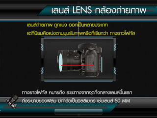 เลนส์ LENS กล้องถ่ำยภำพ
เลนส์ถ่ำยภำพ ถูกแบ่ง ออกเป็นหลำยประเภท
แต่ที่นิยมคือแบ่งตำมมุมรับภำพหรือที่เรียกว่ำ ทำงยำวโฟกัส
ทำงยำวโฟกัส หมำยถึง ระยะทำงจำกจุดกึ่งกลำงเลนส์ชิ้นแรก
ถึงระนำบของฟิล์ม มีค่ำวัดเป็นมิลลิเมตร เช่นเลนส์ 50 MM
 