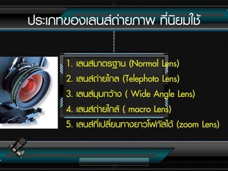 1. เลนส์มำตรฐำน (Normal Lens)
2. เลนส์ถ่ำยไกล (Telephoto Lens)
3. เลนส์มุมกว้ำง ( Wide Angle Lens)
4. เลนส์ถ่ำยใกล้ ( macro Lens)
5. เลนส์ที่เปลี่ยนทำงยำวโฟกัสได้ (zoom Lens)
ประเภทของเลนส์ถ่ำยภำพ ที่นิยมใช้
 