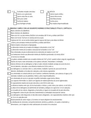 X Techumbre incluido cielo falso
X
X
X
Losa hormigón armado Piso madera impermeabilizada
EL INMUEBLE CUMPLE CON LAS SIGUIENTES NORMAS ESTRUCTURALES TÍTULO 5, CAPÍTULO 6:
Muros exteriores de albañilería
Muros interiores de albañilería
Pilares de H.A. sección mínima 20x20cm con armadura 4Ø 10 mm y estribos ø6@20cm
Pilares de H.A.de 15x15cm en construcción de un piso
Cadenas de H.A. con un ancho mínimo igual al espesor del muro y una altura no inferior
a 20cm y una armadura mínima de 4ø10mm y estribos ø6@20cm.
X Toda la madera estructural es impregnada.
X La dimensión mínima de la madera de tabiques estructurales es de 2”x4"
X La dimensión mínima de la madera estructural de techumbre es de 1”x4".
X Para entramados de piso la dimensión de los elementos de madera es de 2”x6"
X Las fundaciones tienen una dimensión mínima de 40x40cm penetrando a lo menos 60cm
en terreno no removido
Los pilares aislados tendrán una escuadría mínima de 4”x4” y 6”x6” cuando reciben carga de segundo piso
X Paneles de muros están arriostrados en los planos verticales, horizontales e inclinados.
X Soleras inferiores de los diafragmas se fijan al sobre cimiento mediante anclajes de acero liso de 6
mm de diámetro, colocados a una distancia máxima de 0,50 m entre sí.
X Los diafragmas se conectan entre sí, como mínimo, mediante 3 pernos de acero de 8 mm de
diámetro, distribuidos en la altura de cada piso u otro sistema equivalente.
X Los entramados en contacto directo con el exterior o ambientes húmedos, son estancos al agua y a la
humedad, mediante uso de polietileno, fieltros u otros impermeabilizantes.
Los entramados de acero se ejecutan en perfiles laminados según norma chilena.
X Los espacios intermedios se cubren con viguetas de madera/ planchas de acero/ aglomerados.
X El espaciamiento máximo de los pies derechos es de 0,50 m entre ejes.
X La distancia máxima entre ejes, de los travesaños o riostras, y entre éstos y las soleras, es de 0,65 m.
X La altura de los diafragmas (recubrimiento) de fachadas y tabiques no supera los 3 m en cada piso.
X La escuadría de las soleras, diagonales y travesaños es igual a la escuadría de los pies derechos.
X Las diagonales cortan los pies derechos manteniendo la continuidad estructural de soleras.
X Los diafragmas están dispuestos en dos direcciones ortogonales, con espaciamientos máximos entre ejes
de 3,6 m en cada dirección.
X Distanciamiento de vanos mayor a 3,6 metros en muros disponen de arriostramientos.
X La distribución de elementos será preferentemente simétrica y uniforme, en cuanto a materiales y
dimensiones, con el objeto de evitar solicitaciones de torsión en la estructura
F-15:
Cubierta acero galvanizado Cubierta tejuela asfáltica
NO APLICA
Cielo yeso cartón Cielo fibrocemento
Cercha de madera Cercha acero
Cubierta vidrio/ fibra de vidrio Cubierta fibrocemento
 