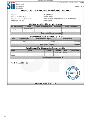Fecha de Emisión: 8 de Noviembre de 2022
Página 2 de 2
ANEXO CERTIFICADO DE AVALÚO DETALLADO
Comuna : SAN ANTONIO
Número de Rol de Avalúo : 09062 − 00221
Dirección o Nombre del bien raíz : PC20 SAN JUAN PC 46 COLINAS DE STO DOMIN
Destino del bien raíz : SITIO ERIAZO
Detalle Avalúo Bienes Comunes
Rol Bien Común Tipo de
Copropiedad
Avalúo Total Bien Común % Prorrateo Avalúo Prorrateado
No Registra
Total Avalúo Bienes Comunes $ 0
Detalle Avalúo Líneas de Terreno
Línea Superficie (m²) Avalúo Unitario (Aprox.) Avalúo Línea
1 5.192 $ 4.059 $ 21.074.795
Total Avalúo Terreno $ 21.074.795
Detalle Avalúo Líneas de Construcción
Línea Clase Calidad Cantidad
(m² o m³)
Año
Constr
Avalúo Línea
No
Registra
Total Avalúo Construcciones $ 0
Por Orden del Director
CERTIFICADO GRATUITO
Certificado de Avalúo Fiscal Detallado
2/2
 