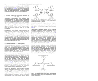 4. Enzymatic synthesis of carbohydrates: new tools for
new drugs
Traditionally, carbohydrates were associated with
structural functions and energy storage. Development
of glycobiology and glycochemistry during the past two
decades has revealed that carbohydrates are involved in
a broad range of biological functions, mainly related to
cell recognition events.55 Many of these events occur at
the very early stage of disease development and other
signaling processes. Control of such recognition pro-
cesses has become an important target for new drug
development.
Carbohydrates have multiple hydroxyl functions of
similar chemical reactivity; for example, ﬁve mono-
saccharides can be linked together to form linear or
branched chains that can give rise to 32 million diﬀerent
compounds.56 Therefore, a special knowledge of selec-
tive reactions and protecting groups are needed to
achieve successfully their synthesis and modiﬁcation.
Because of that, it is in the ﬁeld of carbohydrate chem-
istry where the enzymatic transformations has made the
biggest impact during the last years.
4.1. Aldolase enzymes for C–C bond formation
Aldolases have attracted the interest of organic chemists
because their ability to catalyze the formation of C–C
bonds by an aldol addition reaction between an alde-
hyde and a ketone, with a high degree of stereochemical
control. In general, they show a very strict speciﬁcity for
the donor substrate (the ketone), but tolerate a broad
range of acceptor substrates (the aldehyde).
Dihydroxyacetone phosphate (DHAP) dependent aldo-
lases produce 2-keto-3,4-dihydroxy adducts and, with
some exceptions,57 they control the conﬁguration of the
newly formed stereogenic centers. An additional advan-
tage of these enzymes is that they are stereo-
complementary, that is, their use allows the synthesis of
the four possible diaestereoisomers for a given pair of
substrates (Fig. 6). DHAP-dependent aldolases have
shown their utility in the synthesis of carbohydrate,
carbohydrate-like structures or non-carbohydrate com-
pounds. A comprehensive description can be found in
several excellent reviews58 and references therein.
Pyruvate or phosphoenol pyruvate (PEP) dependent
aldolases yield 3-deoxy-2-keto acids. In vivo, pyruvate-
dependent aldolases have a catabolic function mean-
while the PEP-dependent aldolases are involved in the
biosynthesis of keto acids. These aldolases provided
adducts that are not only densely but also diﬀerentially
functionalized.59 Thus, four diﬀerent state of carbon
oxidation can be found in four contiguous carbons.
This substitution pattern allows transformation of
aldol adducts to a variety of complex natural products
(Fig. 7).
2-deoxyribose-5-phosphate aldolase (DERA) catalyzes
the aldolic condensation between acetaldehyde and D-
glyceraldehyde-3-phospate and determines the S con-
ﬁguration of the newly formed stereogenic center.60
Beside acetaldehyde this enzyme is able to accept pro-
panal, acetone and ﬂuoroacetone as donor sub-
strates.60b DERA is the only aldolase able to accept two
aldehydes as substrates, allowing sequential bi- or tri-
substrate aldol reactions.61 The unnaturall pyranose
obtained after DERA-catalyzed addition of acetalde-
hyde as donor are useful synthons for the synthesis of
natural products as it has been illustrated by the concise
total synthesis of epothilones A and C.62
Glycine dependent aldolases produce b-hydroxy-a-
amino acids that are medicines by themselves or can be
used as chiral building blocks for the production of
drugs.63 Their use in synthesis is hampered because the
poor stereoselectivity that often leads to mixtures of
erythro and threo compounds.63 Despite of this limi-
tations, L-threonine aldolase and D-threonine aldolase
have been used for the synthesis of several b-hydroxy-a-
1822 E. Garcı´a-Junceda et al./ Bioorg. Med. Chem. 12 (2004) 1817–1834
sence of the non-natural nucleophile azide, the (S)-diol,
2, and (R)-azidoalcohol, 3, were obtained in >90% and
60% ee respectively (Fig. 5). Therefore, a simultaneous
and opposite enantio-discrimination of two nucleophiles
(water and azide) was observed. This parallel kinetic
resolution aﬀorded the (S)-diol product in higher ee.
Figure 6. The four DHAP-dependent aldolases are stereo-
complementary, allowing the synthesis of the four possible diaester-
eoisomers for a given pair of substrates.
Figure 7. PEP-dependent aldolases provide adducts with four diﬀerent
state of carbon oxidation, allowing their transformation to a variety of
complex natural products.59
 