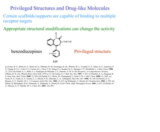 Privileged Structures and Drug-like Molecules
Certain scaffolds/supports are capable of binding to multiple
receptor targets
Appropriate structural modifications can change the activity
Privileged structure
benzodiazepines
(a) Evans, B. E.; Rittle, K. E.; Bock, M. G.; DiPardo, R. M.; Freidinger, R. M.; Whitter, W. L.; Lundell, G. F.; Veber, D. F.; Anderson, P.
S.; Chang, R. S. L.; Lotti, V. J.; Cerino, D. J.; Chen, T. B.; Kling, P. J.; Kunkel, K. A.; Springer, J. P.; Hirshfield, J. J. Med. Chem. 1988,
31, 2235. (b) Ariëns, E. J.; Beld, A. J.; Rodrigues de Miranda, J. F.; Simonis, A. M. in The Receptors: A Comprehensive Treatise;
O'Brien, R. D., Ed.; Plenum Press: New York, 1979, p. 33. (b) Ariëns, E. J. Med. Res. Rev. 1987, 7, 367. (c) Patchett, A. A.; Nargund, R.
P. Annu. Rep. Med. Chem. 2000, 35, 289. (d) Hajduk, P. J.; Bures, M.; Praestgaard, J.; Fesik, S. W. J. Med. Chem. 2000, 43, 3443. (e)
Fecik, R. A.; Frank, K. E.; Gentry, E. J.; Menon, S. R.; Mitscher, L. A.; Telikepalli, Med. Res. Rev. 1998, 18, 149. (f) Horton, D. A.;
Bourne, G. T.; Smythe, M. L. J. Computer-Aided Mol. Des. 2002, 16, 415. (g) Klabunde, T.; Hessler, B. Chembiochem. 2002, 3, 928. (h)
Matter, H. Baringhaus, K.H.; Naumann, T.; Klabunde, T.; Pirard, B. Comb. Chem. High Throughput Screen. 2001, 4, 453. (i) Horton, D.
A.; Bourne, G. T.; Smythe, M. L. Chem. Rev. 2003, 103, 893.
 