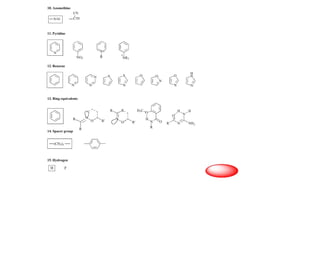 10. Azomethine
11. Pyridine
12. Benzene
13. Ring equivalents
14. Spacer group
N
CN
C
N
NO2
N+
R NR3
+
N N
N S
N
S O
N
O
N
O
N
H
N
R N
O R'
N
O R'
R
R
R
H3C
O
H
N O
R
O
N
N
H
R
H
NH2
(CH2)3
15. Hydrogen
H F
 
