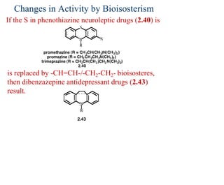 Changes in Activity by Bioisosterism
If the S in phenothiazine neuroleptic drugs (2.40) is
is replaced by -CH=CH-/-CH2-CH2- bioisosteres,
then dibenzazepine antidepressant drugs (2.43)
result.
 