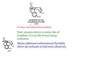 3-4 times more potent than morphine
Note: structure drawn to mimic that of
morphine; it is not the lowest energy
conformer.
Maybe additional conformational flexibility
allows the molecule to bind more effectively.
 