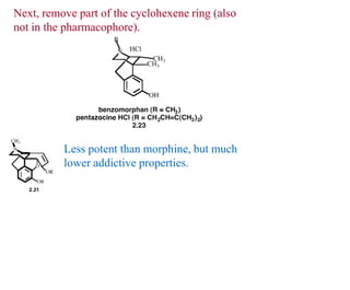 Next, remove part of the cyclohexene ring (also
not in the pharmacophore).
Less potent than morphine, but much
lower addictive properties.
 
