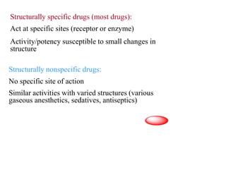 Structurally specific drugs (most drugs):
Act at specific sites (receptor or enzyme)
Activity/potency susceptible to small changes in
structure
Structurally nonspecific drugs:
No specific site of action
Similar activities with varied structures (various
gaseous anesthetics, sedatives, antiseptics)
 