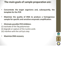 The main goals of sample preparation are:
• Concentrate the target organisms and, subsequently, the
template for the PCR
• Maximize the quality of DNA to produce a homogenous
sample for specific and sensitive enzymatic amplification.
• Eliminate possible PCR inhibitors
(i) inactivate of the Taq polymerase
(ii) degrade or capture of the nucleic acids
(iii) interfere with the cell lysis step
• Maximize DNA recovery
 