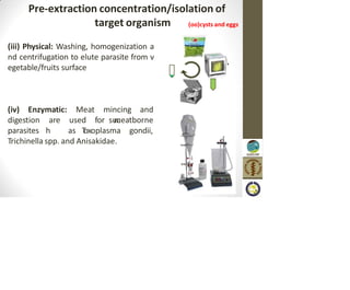 (iii) Physical: Washing, homogenization a
nd centrifugation to elute parasite from v
egetable/fruits surface
(iv) Enzymatic: Meat mincing and
digestion
parasites
for su
m
ceatborne
are used
h as T
oxoplasma gondii,
Trichinella spp. and Anisakidae.
Pre-extraction concentration/isolation of
target organism
 