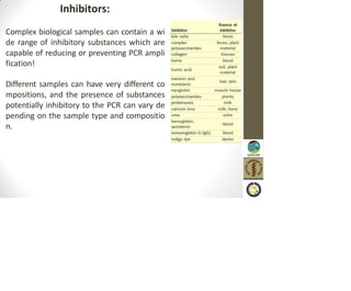 Inhibitors:
Complex biological samples can contain a wi
de range of inhibitory substances which are
capable of reducing or preventing PCR ampli
fication!
Different samples can have very different co
mpositions, and the presence of substances
potentially inhibitory to the PCR can vary de
pending on the sample type and compositio
n.
 