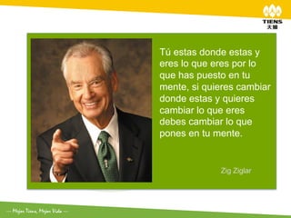 Tú estas donde estas y
eres lo que eres por lo
que has puesto en tu
mente, si quieres cambiar
donde estas y quieres
cambiar lo que eres
debes cambiar lo que
pones en tu mente.


             Zig Ziglar
 