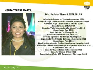 MARIA TERESA MATTA
                              Distribuidor Tiens 8 ESTRELLAS

                            Mejor Distribuidor en Ventas Personales 2006
                       Ganador Viaje Internacional a Caracas, Venezuela 2006
                              Ganador Viaje Internacional a China 2009
                                       Ganador Auto BMW 2009
                            Ganador Viaje Internacional a Lima, Perú 2010
                                         Capacitador Red 2010
                                    Distribuidor Certificado 2010
                                 Certificación Sistema de Éxito 2011
                             Técnico Operador del Equipo Acumagic 2011
                          Capacitador Certificado de Equipo Acumagic 2011
                                         Capacitador País 2011
                       Técnico Operador del Equipo Masajeador Muscular 2012
                     Capacitador Certificado de Equipo Masajeador Muscular 2012
                                         Capacitador País 2012
                               Ganador Capacitador de Excelencia 2012
                                     Ganador Viaje a China 2012
                         Capacitador Oficial 3ER Despegue – 5to Lugar 2012
 