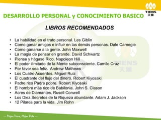 DESARROLLO PERSONAL y CONOCIMIENTO BASICO
	
  
            LIBROS RECOMENDADOS

 •    La habilidad en el trato personal. Les Giblin
 •    Como ganar amigos e influir en las demás personas. Dale Carnegie
 •    Como ganarse a la gente. John Maxwell
 •    La magia de pensar en grande. David Schwartz
 •    Piense y hágase Rico. Napoleon Hill
 •    El poder ilimitado de la Mente subconsciente. Camilo Cruz
 •    Por favor sea feliz. Andrew Mathews
 •    Los Cuatro Acuerdos. Miguel Ruiz
 •    El cuadrante del flujo del dinero. Robert Kiyosaki
 •    Padre rico Padre pobre. Robert Kiyosaki
 •    El hombre más rico de Babilonia. John S. Clason
 •    Acres de Diamantes. Rusell Conwell
 •    Los Diez Secretos de la Riqueza abundante. Adam J. Jackson
 •    12 Pilares para la vida. Jim Rohn
 