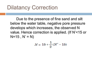 Dilatancy Correction
Due to the presence of fine sand and silt
below the water table, negative pore pressure
develops which increases, the observed N
value. Hence correction is applied. (If N’<15 or
N=15 , N’ = N)
 