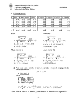 Universidad Mayor de San Andrés
Facultad de Ingeniería Metrología
Laboratorio de Física Básica
- 9 -
 Cilindro truncado:
n m (g) H (mm) h (mm) D (mm) (m - mprom )² (H - Hprom)² (h - hprom)² (D - Dprom)²
1 30,60 39,50 15,10 47,30 0,00 0,04 0,00 0,13
2 30,70 39,60 15,20 47,82 0,00 0,01 0,01 0,03
3 30,60 39,80 15,00 47,90 0,00 0,01 0,01 0,06
4 30,80 39,90 15,10 47,55 0,03 0,04 0,00 0,01
5 30,50 39,70 15,00 47,75 0,02 0,00 0,01 0,01
∑ 30,64 39,70 15,08 47,66 0,05 0,10 0,03 0,23
Masa: Diámetro:
Altura mayor (H): Altura menor (h):
a) Para cada cuerpo calcular el volumen promedio y mediante propagación de
errores determinar:
V = V ± ∆V
 ARANDELA
Datos:
m = 74.71 ± 0.21 (gr)
D = 69.59 ± 0.34 (mm)
d = 34.49 ± 0.49 (mm)
e = 3.43 ± 0.07 (mm)
- Para hallar el error de su volumen, por el método de diferenciación logarítmica:
2 2 2 2 3
(3.43)
( ) (69.59 34.49 ) 9841.43( )
4 4
e
V D d V mm
 
     
 