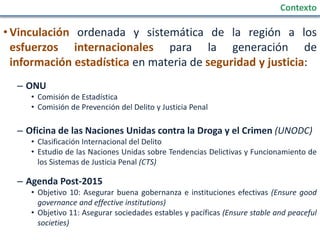 • Vinculación ordenada y sistemática de la región a los
esfuerzos internacionales para la generación de
información estadística en materia de seguridad y justicia:
– ONU
• Comisión de Estadística
• Comisión de Prevención del Delito y Justicia Penal
– Oficina de las Naciones Unidas contra la Droga y el Crimen (UNODC)
• Clasificación Internacional del Delito
• Estudio de las Naciones Unidas sobre Tendencias Delictivas y Funcionamiento de
los Sistemas de Justicia Penal (CTS)
– Agenda Post-2015
• Objetivo 10: Asegurar buena gobernanza e instituciones efectivas (Ensure good
governance and effective institutions)
• Objetivo 11: Asegurar sociedades estables y pacíficas (Ensure stable and peaceful
societies)
Contexto
 