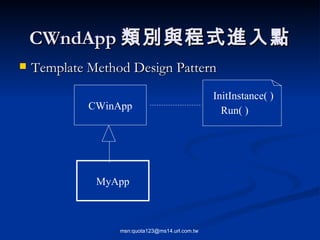 Template Method Design Pattern CWndApp 類別與程式進入點 CWinApp MyApp Run( ) InitInstance( ) 