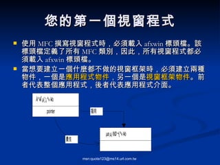 您的第一個視窗程式 使用 MFC 撰寫視窗程式時，必須載入 afxwin 標頭檔。該標頭檔定義了所有 MFC 類別，因此，所有視窗程式都必須載入 afxwin 標頭檔。 當想要建立一個什麼都不做的視窗框架時，必須建立兩種物件，一個是 應用程式物件 ，另一個是 視窗框架物件 。前者代表整個應用程式，後者代表應用程式介面。  