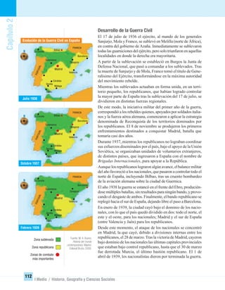 Capítulo2
112
I Medio / Historia, Geografía y Ciencias Sociales
Desarrollo de la Guerra Civil
El 17 de julio de 1936 el ejército, al mando de los generales
Sanjurjo, Mola y Franco, se sublevó en Melilla (norte de África),
en contra del gobierno de Azaña. Inmediatamente se sublevaron
todas las guarniciones del ejército, pero solo triunfaron en aquellas
localidades en donde la derecha era mayoritaria.
A partir de la sublevación se estableció en Burgos la Junta de
Defensa Nacional, que pasó a comandar a los sublevados. Tras
la muerte de Sanjurjo y de Mola, Franco tomó el título de Gene-
ralísimo del Ejército, transformándose en la máxima autoridad
del movimiento rebelde.
Mientras los sublevados actuaban en forma unida, en un terri-
torio pequeño, los republicanos, que habían logrado controlar
la mayor parte de España tras la sublevación del 17 de julio, se
dividieron en distintas fuerzas regionales.
De este modo, la iniciativa militar del primer año de la guerra,
correspondió a los rebeldes quienes, apoyados por soldados italia-
nos y la fuerza aérea alemana, comenzaron a aplicar la estrategia
denominada de Reconquista de los territorios dominados por
los republicanos. El 8 de noviembre se produjeron los primeros
enfrentamientos destinados a conquistar Madrid, batalla que
tomaría casi dos años.
Durante 1937, mientras los republicanos no lograban coordinar
sus esfuerzos diseminados por el país, bajo el apoyo de la Unión
Soviética, se organizaban unidades de voluntarios extranjeros,
de distintos países, que ingresaron a España con el nombre de
Brigadas Internacionales, para apoyar a la República.
Aunque los republicanos lograron algún avance, el balance militar
del año favoreció a los nacionales, que pasaron a controlar todo el
norte de España, incluyendo Bilbao, tras un cruento bombardeo
de la aviación alemana sobre la ciudad de Guernica.
El año 1938 la guerra se estancó en el frente del Ebro, producién-
dose múltiples batallas, sin resultados para ningún bando, y provo-
cando el desgaste de ambos. Finalmente, el bando republicano se
replegó hacia el sur de España, dejando libre el paso a Barcelona.
En enero de 1939, la ciudad cayó bajo el dominio de los nacio-
nales, con lo que el país quedó dividido en dos: todo el norte, el
este y el oeste, para los nacionales; Madrid y el sur de España
(entre Valencia y Jaén) para los republicanos.
Desde este momento, el ataque de los nacionales se concentró
en Madrid, la que cayó, debido a divisiones internas entre los
republicanos, el 28 de marzo. Tras la victoria de Madrid, cayeron
bajo dominio de los nacionales las últimas capitales provinciales
que estaban bajo control republicano, hasta que el 30 de marzo
fue derrotada Murcia, el último bastión republicano. El 1 de
abril de 1939, los nacionalistas dieron por terminada la guerra.
Zona sublevada
Zona republicana
Zonas de combate
más importantes
Fuente: M. A. Bueno.
Historia del mundo
contemporáneo. Madrid.
Editorial Bruño, 2008.
La Coruña
Salamanca
Córdoba
Zaragoza
Barcelona
Valencia
Sevilla
Málaga
Cádiz
Madrid
FRANCIA
PORTUGAL
Bilbao
Julio 1936
La Coruña
Salamanca
Córdoba
Zaragoza
Barcelona
Valencia
Sevilla
Málaga
Cádiz
Madrid
FRANCIA
PORTUGAL
Bilbao
Octubre 1937
La Coruña
Salamanca
Córdoba
Zaragoza
Barcelona
Valencia
Sevilla
Málaga
Cádiz
Madrid
FRANCIA
PORTUGAL
Febrero 1939
Evolución de la Guerra Civil en España
UNIDAD 2 HISTORIA I_OK.indd 112 07-09-12 11:41
 