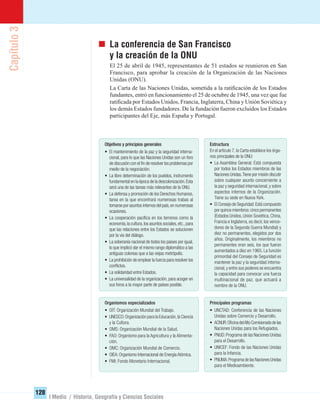 Capítulo3
128
I Medio / Historia, Geografía y Ciencias Sociales
La conferencia de San Francisco
y la creación de la ONU
El 25 de abril de 1945, representantes de 51 estados se reunieron en San
Francisco, para aprobar la creación de la Organización de las Naciones
Unidas (ONU).
La Carta de las Naciones Unidas, sometida a la ratiﬁcación de los Estados
fundantes, entró en funcionamiento el 25 de octubre de 1945, una vez que fue
ratiﬁcada por Estados Unidos, Francia, Inglaterra, China y Unión Soviética y
los demás Estados fundadores. De la fundación fueron excluidos los Estados
participantes del Eje, más España y Portugal.
Estructura
En el artículo 7,la Carta establece los órga-
nos principales de la ONU:
• La Asamblea General: Está compuesta
por todos los Estados miembros de las
Naciones Unidas.Tiene por misión discutir
sobre cualquier asunto concerniente a
la paz y seguridad internacional, y sobre
aspectos internos de la Organización.
Tiene su sede en Nueva York.
• El Consejo de Seguridad:Está compuesto
por quince miembros:cinco permanentes
(Estados Unidos, Unión Soviética, China,
Francia e Inglaterra, es decir, los vence-
dores de la Segunda Guerra Mundial) y
diez no permanentes, elegidos por dos
años. Originalmente, los miembros no
permanentes eran seis, los que fueron
aumentados a diez en 1965. La función
primordial del Consejo de Seguridad es
mantener la paz y la seguridad interna-
cional,y entre sus poderes se encuentra
la capacidad para convocar una fuerza
multinacional de paz, que actuará a
nombre de la ONU.
Principales programas
• UNCTAD: Conferencia de las Naciones
Unidas sobre Comercio y Desarrollo.
• ACNUR:OﬁcinadelAltoComisionadodelas
Naciones Unidas para los Refugiados.
• PNUD:Programa de las Naciones Unidas
para el Desarrollo.
• UNICEF: Fondo de las Naciones Unidas
para la Infancia.
• PNUMA:Programa de las Naciones Unidas
para el Medioambiente.
Organismos especializados
• OIT: Organización Mundial del Trabajo.
• UNESCO:Organización para la Educación,la Ciencia
y la Cultura.
• OMS: Organización Mundial de la Salud.
• FAO: Organismo para la Agricultura y la Alimenta-
ción.
• OMC: Organización Mundial de Comercio.
• OIEA: Organismo Internacional de Energía Atómica.
• FMI: Fondo Monetario Internacional.
Objetivos y principios generales
• El mantenimiento de la paz y la seguridad interna-
cional, para lo que las Naciones Unidas son un foro
de discusión con el ﬁn de resolver los problemas por
medio de la negociación.
• La libre determinación de los pueblos, instrumento
fundamental en la época de la descolonización.Esta
será una de las tareas más relevantes de la ONU.
• La defensa y promoción de los Derechos Humanos,
tarea en la que encontrará numerosas trabas al
tomarse por asuntos internos del país,en numerosas
ocasiones.
• La cooperación pacíﬁca en los terrenos como la
economía,la cultura,los asuntos sociales,etc.,para
que las relaciones entre los Estados se solucionen
por la vía del diálogo.
• La soberanía nacional de todos los países por igual,
lo que implicó dar el mismo rango diplomático a las
antiguas colonias que a las viejas metrópolis.
• La prohibición de emplear la fuerza para resolver los
conﬂictos.
• La solidaridad entre Estados.
• La universalidad de la organización, para acoger en
sus foros a la mayor parte de países posible.
UNIDAD 2 HISTORIA I_OK.indd 128 07-09-12 11:42
 