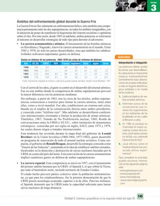 3
Unidad
145
Unidad 3: Cambios geopolíticos en la segunda mitad del siglo XX
Ámbitos del enfrentamiento global durante la Guerra Fría
La Guerra Fría no fue solamente un enfrentamiento bélico, sino también una compe-
tenciapermanenteentrelasdossuperpotencias,entodoslosámbitosimaginables,con
la intención de poner de maniﬁesto la hegemonía del sistema socialista o capitalista
sobre el otro. Por esta razón, desde 1945 en adelante, ambas potencias se esforzaron
al máximo en desarrollar estrategias de todo tipo para derrotar al adversario.
• La carrera armamentista y atómica. El lanzamiento de las bombas atómicas
en Hiroshima y Nagasaki, renovó la carrera armamentista en el mundo. Entre
1945 y 1970, no solo los países desarrollados, sino que también los subdesa-
rrollados realizaron importantes gastos en defensa.
Actividad
Interpretación e indagación
Las potencias debían probar
las armas que desarrollaban,
locualacarreóunimportante
impacto medioambiental.
Generalmente estas detona-
ciones de prueba se llevaban
a cabo en lugares desérticos,
poco poblados o en medio
de los océanos.
1. Explicaelobjetivode rea-
lizar pruebas atómicas.
2. Infórmate acerca de las
consecuencias que tu-
vieron los experimentos
en los habitantes de las
localidades en las cuales
se llevaron a cabo.
3. En 1986 se produjo en
Chernobyl el mayor ac-
cidente nuclear de la his-
toria.¿Quérepercusiones
ha tenido esa catástrofe
hasta el día de hoy?
4. ¿Qué efectos sobre el
medioambientehanpro-
vocado dichos experi-
mentos?
Para completar la actividad,
puedes encontrar informa-
ción en las siguientes páginas
web:
- www.greenpeace.com
- www.ecoportal.net/
- www.chernobyl.org
- www.nationalgeographic.
com
Con el correr de los años, el gasto se centró en el desarrollo del arsenal atómico.
Fue en este ámbito donde la competencia de ambas superpotencias provocó
la mayor diferencia con las potencias medianas.
Sin embargo, a partir de 1963, tras la crisis de los misiles, ambas superpo-
tencias comenzaron a reunirse para limitar la carrera atómica, tanto entre
ellas, como a nivel mundial. Ese año, establecieron un sistema anti crisis,
basado en el empleo de la comunicación directa entre ambos presidentes,
y conocida como “teléfono rojo”. Más adelante se desarrollaron conferen-
cias internacionales orientadas a limitar la producción de armas atómicas:
Tlatelolco, 1967; Tratado de No Proliferación nuclear, 1968; Ronda de
conversaciones entre la URSS y EE.UU., sobre limitación de armamentos
estratégicos –conocidas por sus siglas en inglés, SALT, entre 1972 y 1979,
las cuales dieron origen a tratados internacionales.
Esta tendencia fue revertida durante la etapa ﬁnal del gobierno de Leonid
Brezhnev en la Unión Soviética (1960-1964, 1977-1982), quien desarrolló
un programa de renovación de todo el arsenal nuclear soviético. Como res-
puesta, el gobierno de Ronald Reagan, desarrolló la estrategia conocida como
“Guerra de las Galaxias”, sustentada en la idea de establecer satélites armados,
focalizados en la detección y destrucción de ojivas nucleares lanzadas por la
URSS en contra del país del norte. Esta renovación de la carrera armamentista
implicó cuantiosos gastos en defensa de ambas superpotencias.
• La carrera espacial. Esta competencia se inició en 1957, con el lanzamiento
del primer satélite humano por la URSS: el Sputnik I, el que orbitó la Tierra,
por todo el hemisferio norte, incluido territorio de Estados Unidos.
El citado hecho provocó pánico colectivo entre la población norteamerica-
na, ya que para los estadounidenses, fue la primera demostración de que la
URSS poseía tecnología avanzada, superior a la de ellos. Para los militares,
el Sputnik demostró que la URSS tenía la capacidad suﬁciente para lanzar
ojivas nucleares de larga distancia.
Año
1948
1953
1962
1970
EE.UU.
10,9
49,6
52,3
77,8
URSS
13,1
25,5
49,9
72,0
RFA
-
-
4,3
6,1
Francia
0,9
3,4
4,6
5,9
Inglaterra
3,4
4,5
5,0
5,8
Italia
0,4
0,7
1,1
2,4
Japón
-
0,3
0,5
1,3
China
-
2,5
9,3
23,7
Gastos en defensa de las potencias, 1945-1970 (en miles de millones de dólares)
Fuente: Paul Kennedy. Adaptado de Ascenso y caída de los grandes imperios. Barcelona: Random House Mondadori, 1987.
UNIDAD 3 HISTORIA I_OK.indd 145 07-09-12 11:46
 