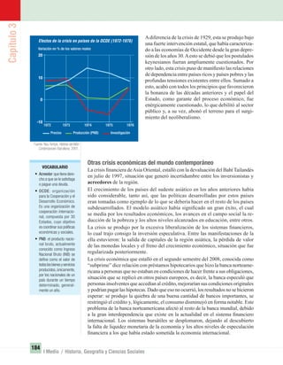 Capítulo3
184
I Medio / Historia, Geografía y Ciencias Sociales
Adiferencia de la crisis de 1929, esta se produjo bajo
una fuerte intervención estatal, que había caracteriza-
do a las economías de Occidente desde la gran depre-
sión de los años 30.Aesto se debió que los postulados
keynesianos fueran ampliamente cuestionados. Por
otro lado, esta crisis puso de maniﬁesto las relaciones
de dependencia entre países ricos y países pobres y las
profundas tensiones existentes entre ellos. Sumado a
esto, acabó con todos los principios que favorecieron
la bonanza de las décadas anteriores y el papel del
Estado, como garante del proceso económico, fue
enérgicamente cuestionado, lo que debilitó al sector
público y, a su vez, abonó el terreno para el surgi-
miento del neoliberalismo.
VOCABULARIO
• Acreedor:quetienedere-
cho a que se le satisfaga
o pague una deuda.
• OCDE: organización
para la Cooperación y el
Desarrollo Económico.
Es una organización de
cooperación internacio-
nal, compuesta por 30
Estados, cuyo objetivo
es coordinar sus políticas
económicas y sociales.
• PNB: el producto nacio-
nal bruto, actualmente
conocido como Ingreso
Nacional Bruto (INB) se
deﬁne como el valor de
todoslosbienesyservicios
producidos,únicamente,
por los nacionales de un
país durante un tiempo
determinado, general-
mente un año.
Fuente: Nou Temps. Història del Món
Contemporani. Barcelona, 2001.
Otras crisis económicas del mundo contemporáneo
La crisis ﬁnanciera deAsia Oriental, estalló con la devaluación del Baht Tailandés
en julio de 1997, situación que generó incertidumbre entre los inversionistas y
acreedores de la región.
El crecimiento de los países del sudeste asiático en los años anteriores había
sido considerable, tanto así, que las políticas desarrolladas por estos países
eran tomadas como ejemplo de lo que se debería hacer en el resto de los países
subdesarrollados. El modelo asiático había signiﬁcado un gran éxito, el cual
se medía por los resultados económicos, los avances en el campo social la re-
ducción de la pobreza y los altos niveles alcanzados en educación, entre otros.
La crisis se produjo por la excesiva liberalización de los sistemas ﬁnancieros,
lo cual trajo consigo la inversión especulativa. Entre las manifestaciones de la
ella estuvieron: la salida de capitales de la región asiática, la pérdida de valor
de las monedas locales y el freno del crecimiento económico, situación que fue
regularizada posteriormente.
La crisis económica que estalló en el segundo semestre del 2008, conocida como
“subprime” dice relación con préstamos hipotecarios que hizo la banca norteame-
ricana a personas que no estaban en condiciones de hacer frente a sus obligaciones,
situación que se replicó en otros países europeos, es decir, la banca especuló que
personas insolventes que accedían al crédito, mejorarían sus condiciones originales
y podrían pagar las hipotecas. Dado que eso no ocurrió, los resultados no se hicieron
esperar: se produjo la quiebra de una buena cantidad de bancos importantes, se
restringió el crédito y, lógicamente, el consumo disminuyó en forma notable. Este
problema de la banca norteamericana afectó al resto de la banca mundial, debido
a la gran interdependencia que existe en la actualidad en el sistema ﬁnanciero
internacional. Los sistemas bursátiles se desplomaron, dejando al descubierto
la falta de liquidez monetaria de la economía y los altos niveles de especulación
ﬁnanciera a los que había estado sometida la economía internacional.
20
0
10
-10
19731972 1974 1975 1976
Efectos de la crisis en países de la OCDE (1972-1976)
Variación en % de los valores reales
Precios Producción (PNB) Investigación
UNIDAD 3 HISTORIA I_OK.indd 184 07-09-12 11:47
 