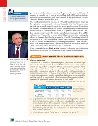 Capítulo3
190
I Medio / Historia, Geografía y Ciencias Sociales
proclamaría su independencia. La certeza de que se estaba en la senda directa al
colapso, se expandió por el resto de las repúblicas de la URSS y el movimiento
de desintegración prosiguió con la independencia de las repúblicas de Ucrania,
Moldavia, Letonia, Azerbaiyán y otras.
Una oleada de revoluciones produjo, en 1989, el derrumbamiento en cadena de
los regímenes comunistas en los países de Europa del Este. El gobierno soviético
permitió que se manifestaran libremente las fuerzas sociales en lugar de movilizar
las unidades militares de ocupación, como se había hecho en protestas y conatos
revolucionarios en épocas anteriores, como en Praga (Checoslovaquia) en 1968.
Los sectores conservadores del partido, ante el desmoronamiento de la URSS,
realizaron en 1991, un golpe de estado fallido. El pueblo se movilizó para impedir
el retorno al pasado. Tras el golpe, se suprimió el Partido Comunista y se ﬁrmó el
nacimiento de la CEI (Comunidad de Estados Independientes), conformado por
Rusia y la mayoría de las repúblicas que habían pertenecido a la Unión Soviética,
todas ellas, ahora independientes, constituidas en estados autónomos. A ﬁnes de
1991, Gorbachov dimitía de un Estado que ya no existía.
El sucesor de Gorbachov, Boris Yeltsin, implantó en Rusia un severo programa
de reformas neoliberales, que lentamente fueron imponiéndose en el país.
Análisis de fuente histórica e información estadísticaActividad
El problema nacional
“El destino de la Perestroika dependerá en grado considerable de cómo se logre
llevar a cabo la transformación de nuestra Federación. Como presidente, conﬁrmo
una vez más mi ﬁdelidad a la integridad del país. Al mismo tiempo, parto del criterio
de que debe ser objeto de especial preocupación del poder presidencial la aprobación
de medidas conducentes a aﬁanzar la soberanía de las repúblicas federadas, su
independencia económica y política y a elevar el status de las repúblicas autónomas
y de otras formaciones territoriales nacionales (...) Considero necesaria la elabo-
ración urgente de un nuevo tratado federal, acorde con las presentes realidades y
demandas de desarrollo de nuestra Federación, de cada pueblo”.
Fuente: M. Gorbachov. Discurso de aceptación de la presidencia de la URSS. Marzo 1990.
1. ¿Figuraba entre las intenciones de Gorbachov, la desintegración de la Unión
Soviética? ¿Qué características tenía la nueva unidad política que intentaba
crear? ¿Cuáles eran sus diferencias con la Federación de la Unión Soviética?
2. ¿Cómo era el desarrollo tecnológico de la URSS en relación con las otras potencias
económicas? ¿De qué manera esta situación influía en el desarrollo industrial y
en la vida de las personas?
3. ¿Por qué las reformas de Gorbachov no lograron reactivar a la URSS?
URSS
3.040
3.000
91
11
Japón
86.900
67.435
730
571
CE
263.400
51.877
1.522
201
EE.UU.
1.096.500
44.700
4.685
196
1983
Computadores
Robots
Nº/Mill. de Hab.
Nº/Mill. de Hab.
Retraso tecnológico
Mijaíl Gorbachov, fue Se-
cretario General del Partido
Comunista de la Unión So-
viética (PCUS) de 1985 hasta
1989 y presidente ejecutivo
de la Unión de Repúblicas
Socialistas Soviéticas de
1989 hasta 1991.
Fuente: Agencia Tass.
Hipertexto
La actividad de entrada apun-
ta al signiﬁcado de la caída del
muro de Berlín.
Brzezinski: El gran fracaso.
Nacimiento y muerte del
comunismo en el siglo XX.
Buenos Aires. 1989.
UNIDAD 3 HISTORIA I_OK.indd 190 07-09-12 11:48
 