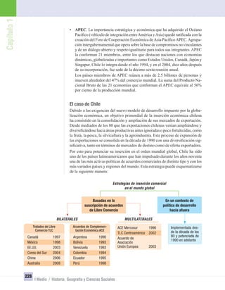 Capítulo1
228
I Medio / Historia, Geografía y Ciencias Sociales
• APEC. La importancia estratégica y económica que ha adquirido el Océano
Paciﬁco (vehículo de integración entreAmérica yAsia) quedó ratiﬁcada con la
creación del Foro de Cooperación Económica deAsia PacíﬁcoAPEC.Agrupa-
ción intergubernamental que opera sobre la base de compromisos no vinculantes
y de un diálogo abierto y respeto igualitario para todos sus integrantes. APEC
la conforman 21 miembros, entre los que destacan naciones con economías
dinámicas, globalizadas e importantes como Estados Unidos, Canadá, Japón y
Singapur. Chile lo integra desde el año 1994, y en el 2004, diez años después
de su incorporación, fue sede de la décimo sexta reunión anual.
Los países miembros de APEC reúnen a más de 2.5 billones de personas y
mueven alrededor del 47% del comercio mundial. La suma del Producto Na-
cional Bruto de las 21 economías que conforman el APEC equivale al 56%
por ciento de la producción mundial.
El caso de Chile
Debido a las exigencias del nuevo modelo de desarrollo impuesto por la globa-
lización económica, un objetivo primordial de la inserción económica chilena
ha consistido en la consolidación y ampliación de sus mercados de exportación.
Desde mediados de los 80 que las exportaciones chilenas venían ampliándose y
diversiﬁcándose hacia áreas productivas antes ignoradas o poco fortalecidas, como
la fruta, la pesca, la silvicultura y la agroindustria. Este proceso de expansión de
las exportaciones se consolida en la década de 1990 con una diversiﬁcación sig-
niﬁcativa, tanto en términos de mercados de destino como de oferta exportadora.
Por esto para potenciar su inserción en el orden mundial global, Chile ha sido
uno de los países latinoamericanos que han impulsado durante los años noventa
una de las más activas políticas de acuerdos comerciales de distinto tipo y con los
más variados países y regiones del mundo. Esta estrategia puede esquematizarse
de la siguiente manera:
En un contexto de
política de desarrollo
hacia afuera
Implementada des-
de la década de los
80 y potenciada de
1990 en adelante
Estrategias de inserción comercial
en el mundo global
BILATERALES MULTILATERALES
Tratados de Libre
Comercio TLC
Canadá 1997
México 1998
EE.UU. 2003
Corea del Sur 2004
China 2006
Australia 2008
Acuerdos de Complemen-
tación Económica ACE
Argentina 1990
Bolivia 1993
Venezuela 1993
Colombia 1994
Ecuador 1995
Perú 1998
ACE Mercosur 1996
TLC Centroamérica 2002
Acuerdo de
Asociación
Unión Europea 2003
Basadas en la
suscripción de acuerdos
de Libre Comercio
UNIDAD 4 HISTORIA I_OK.indd 228 07-09-12 11:51
 