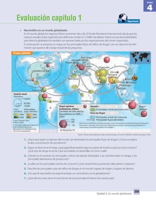 4
Unidad
Unidad 4: Un mundo globalizado
235
Evaluación capítulo 1
• Narcotráfico en un mundo globalizado
En el mundo global, los negocios ilícitos aumentan día a día. El Fondo Monetario Internacional calcula que los
ingresos anuales de las organizaciones delictivas rondan el 1.5 billón de dólares. Parece ser que las posibilidades
que ofrece la globalización también son aprovechadas por las organizaciones del crimen organizado.
A continuación se presenta un mapa con los principales flujos de tráfico de drogas. Lee con atención la infor-
mación que aparece allí y luego responde las preguntas.
Drogas globales
Hipertexto
1. ¿Hacia qué región o regiones del mundo van destinados los principales flujos de drogas? ¿Cómo se explica
la alta concentración de ese destino?
2. Según se observa en el mapa, ¿qué papel desempeñan algunos países de América Latina en este contexto?
¿Qué tipo de droga se envía y qué actividades se desarrollan en torno a ella?
3. ¿Dónde se encuentran los principales cultivos de plantas destinadas a ser transformadas en drogas y los
principales laboratorios de producción?
4. ¿Cuáles son los principales centros de consumo? ¿Qué características presentan tales países o regiones?
5. Describe las principales rutas de tráfico de drogas en el mundo: lugares de origen y lugares de destino.
6. ¿Por qué el narcotráfico ha experimentado un crecimiento con la globalización?
7. ¿Qué efectos crees tiene el crecimiento de esta actividad al interior de nuestro país?
Fuente: Oﬁcina de las Naciones Unidas contra la Droga y el Crimen (UNODOC), World Drug Report 2005.
UNIDAD 4 HISTORIA I_OK.indd 235 07-09-12 11:52
 