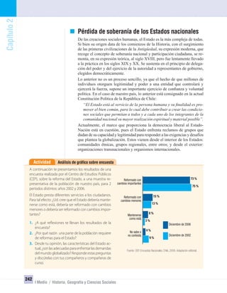 Capítulo2
242
I Medio / Historia, Geografía y Ciencias Sociales
Pérdida de soberanía de los Estados nacionales
De las creaciones sociales humanas, el Estado es la más compleja de todas.
Si bien su origen data de los comienzos de la Historia, con el surgimiento
de las primeras civilizaciones de la Antigüedad, su expresión moderna, que
recoge el concepto de soberanía nacional y participación ciudadana, se re-
monta, en su expresión teórica, al siglo XVIII, pero fue lentamente llevado
a la práctica en los siglos XIX y XX. Se sustenta en el principio de delega-
ción del poder y del ejercicio de la autoridad a representantes de gobierno,
elegidos democráticamente.
Lo anterior no es un proceso sencillo, ya que el hecho de que millones de
individuos otorguen legitimidad y poder a una entidad que controlará y
ejercerá la fuerza, supone un importante ejercicio de conﬁanza y voluntad
política. En el caso de nuestro país, lo anterior está consignado en la actual
Constitución Política de la República de Chile:
“El Estado está al servicio de la persona humana y su ﬁnalidad es pro-
mover el bien común, para lo cual debe contribuir a crear las condicio-
nes sociales que permitan a todos y a cada uno de los integrantes de la
comunidad nacional su mayor realización espiritual y material posible”.
Actualmente, el marco que proporciona la democracia liberal al Estado-
Nación está en cuestión, pues el Estado enfrenta reclamos de grupos que
dudan de su capacidad y legitimidad para responder a las exigencias y desafíos
que plantea la globalización. Estos vienen desde el interior de los Estados:
comunidades étnicas, grupos regionales, entre otros; y desde el exterior:
organizaciones transnacionales y organismos internacionales.
Análisis de gráﬁco sobre encuestaActividad
A continuación te presentamos los resultados de una
encuesta realizada por el Centro de Estudios Públicos
(CEP), sobre la reforma del Estado, a una muestra re-
presentativa de la población de nuestro país, para 2
períodos distintos: años 2002 y 2006.
El Estado presta diferentes servicios a los ciudadanos.
Para tal efecto: ¿Ud. cree que el Estado debería mante-
nerse como está, debería ser reformado con cambios
menores o debería ser reformado con cambios impor-
tantes?
1. ¿A qué reflexiones te llevan los resultados de la
encuesta?
2. ¿Por qué razón una parte de la población requiere
de reformas para el Estado?
3. Desde tu opinión, las características del Estado ac-
tual,¿sonlasadecuadasparaenfrentarlasdemandas
del mundo globalizado? Responde estas preguntas
y discútelas con tus compañeros y compañeras de
curso.
Fuente: CEP, Encuestas Nacionales, Chile, 2006. Adaptación editorial.
Reformado con
cambios importantes
75 %
73 %
15 %
13 %
8 %
3 %
4 %
9 %
Reformado con
cambios menores
Mantenerse
como está
No sabe o
no contesta
Diciembre de 2006
Diciembre de 2002
UNIDAD 4 HISTORIA I_OK.indd 242 07-09-12 11:52
 