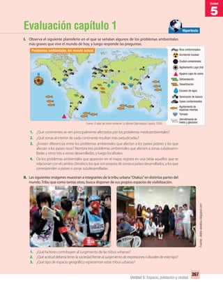5
Unidad
267
Unidad 5: Espacio, población y ciudad
Evaluación capítulo 1
I. Observa el siguiente planisferio en el que se señalan algunos de los problemas ambientales
más graves que vive el mundo de hoy, y luego responde las preguntas.
1. ¿Qué continentes se ven principalmente afectados por los problemas medioambientales?
2. ¿Qué zonas al interior de cada continente resultan más perjudicadas?
3. ¿Existen diferencias entre los problemas ambientales que afectan a los países pobres y las que
afectan a los países ricos? Nombra tres problemas ambientales que afecten a zonas subdesarro-
lladas y otros tres a zonas desarrolladas, y luego localízalos.
4. De los problemas ambientales que aparecen en el mapa, registra en una tabla aquellos que se
relacionan con el cambio climático, los que son propios de zonas o países desarrollados, y los que
corresponden a países o zonas subdesarrolladas.
II. Las siguientes imágenes muestran a integrantes de la tribu urbana“Otakus”en distintas partes del
mundo. Tribu que como tantas otras, busca disponer de sus propios espacios de visibilización.
1. ¿Qué factores contribuyen al surgimiento de las tribus urbanas?
2. ¿Qué actitud debería tener la sociedad frente al surgimiento de expresiones culturales de este tipo?
3. ¿Qué tipo de espacio geográfico representan estas tribus urbanas?
Ríos contaminados
Accidente nuclear
Ciudad contaminada
Agotamiento Lago Ural
Agujero capa de ozono
Deforestación
Desertización
Derretimiento de
hielos y glaciares
Escasez de agua
Tornado
Generación de basura
Gases contaminantes
Agotamiento de
especies marinas
Hipertexto
Problemas ambientales del mundo actual
Fuente: El atlas del medio ambiente. Le Monde Diplomatique. España, 2008.
Fuente:Akiba-keidesu.blogspot.com
UNIDAD 5 HISTORIA I_OK.indd 267 07-09-12 11:54
 