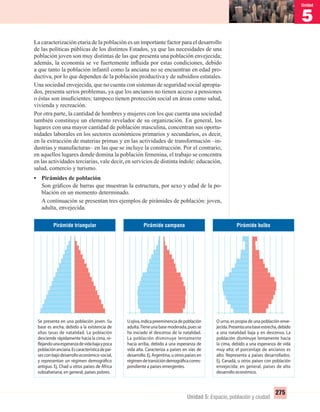 5
Unidad
275
Unidad 5: Espacio, población y ciudad
La caracterización etaria de la población es un importante factor para el desarrollo
de las políticas públicas de los distintos Estados, ya que las necesidades de una
población joven son muy distintas de las que presenta una población envejecida;
además, la economía se ve fuertemente inﬂuida por estas condiciones, debido
a que tanto la población infantil como la anciana no se encuentran en edad pro-
ductiva, por lo que dependen de la población productiva y de subsidios estatales.
Una sociedad envejecida, que no cuenta con sistemas de seguridad social apropia-
dos, presenta serios problemas, ya que los ancianos no tienen acceso a pensiones
o éstas son insuﬁcientes; tampoco tienen protección social en áreas como salud,
vivienda y recreación.
Por otra parte, la cantidad de hombres y mujeres con los que cuenta una sociedad
también constituye un elemento revelador de su organización. En general, los
lugares con una mayor cantidad de población masculina, concentran sus oportu-
nidades laborales en los sectores económicos primarios y secundarios, es decir,
en la extracción de materias primas y en las actividades de transformación –in-
dustrias y manufacturas– en las que se incluye la construcción. Por el contrario,
en aquellos lugares donde domina la población femenina, el trabajo se concentra
en las actividades terciarias, vale decir, en servicios de distinta índole: educación,
salud, comercio y turismo.
• Pirámides de población
Son gráﬁcos de barras que muestran la estructura, por sexo y edad de la po-
blación en un momento determinado.
A continuación se presentan tres ejemplos de pirámides de población: joven,
adulta, envejecida.
Pirámide triangular
Se presenta en una población joven. Su
base es ancha, debido a la existencia de
altas tasas de natalidad. La población
desciende rápidamente hacia la cima, re-
flejandounaesperanzadevidabajaypoca
poblaciónanciana.Escaracterísticadepaí-
sesconbajodesarrolloeconómico-social,
y representan un régimen demográfico
antiguo. Ej. Chad u otros países de África
subsahariana; en general, países pobres.
Pirámide campana
Uojiva,indicapreeminenciadepoblación
adulta.Tieneunabasemoderada,puesse
ha iniciado el descenso de la natalidad.
La población disminuye lentamente
hacia arriba, debido a una esperanza de
vida alta. Caracteriza a países en vías de
desarrollo. Ej. Argentina, u otros países en
régimendetransicióndemográficacorres-
pondiente a países emergentes.
Pirámide bulbo
O urna, es propia de una población enve-
jecida.Presentaunabaseestrecha,debido
a una natalidad baja y en descenso. La
población disminuye lentamente hacia
la cima, debido a una esperanza de vida
muy alta; el porcentaje de ancianos es
alto. Representa a países desarrollados.
Ej. Canadá, u otros países con población
envejecida; en general, países de alto
desarrollo económico.
UNIDAD 5 HISTORIA I_OK.indd 275 07-09-12 11:55
 