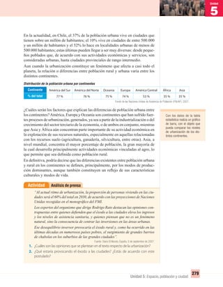 5
Unidad
279
Unidad 5: Espacio, población y ciudad
En la actualidad, en Chile, el 37% de la población urbana vive en ciudades que
tienen sobre un millón de habitantes; el 10% vive en ciudades de entre 500.000
y un millón de habitantes y el 52% lo hace en localidades urbanas de menos de
500.000 habitantes; estas últimas pueden llegar a ser muy diversas: desde peque-
ños poblados que, de acuerdo con sus actividades económicas y servicios, son
consideradas urbanas, hasta ciudades provinciales de rango intermedio.
Aun cuando la urbanización constituye un fenómeno que afecta a casi todo el
planeta, la relación o diferencias entre población rural y urbana varía entre los
distintos continentes.
¿Cuáles serán los factores que explican las diferencias de población urbana entre
los continentes?América, Europa y Oceanía son continentes que han sufrido fuer-
tes procesos de urbanización, generados, ya sea a partir de la industrialización o del
crecimiento del sector terciario de la economía, o de ambos en conjunto, mientras
que Asia y África aún concentran parte importante de su actividad económica en
la explotación de sus recursos naturales, especialmente en aquellas relacionadas
con los recursos suelo (agricultura, ganadería, silvicultura, entre otras). Asia, a
nivel mundial, concentra el mayor porcentaje de población, la gran mayoría de
la cual desarrolla principalmente actividades económicas vinculadas al agro, lo
que permite que sea deﬁnida como población rural.
En deﬁnitiva, podría decirse que las diferencias existentes entre población urbana
y rural en los continentes se deﬁnen, principalmente, por los modos de produc-
ción dominantes, aunque también constituyen un reﬂejo de sus características
culturales y modos de vida.
Análisis de prensaActividad
“Al actual ritmo de urbanización, la proporción de personas viviendo en las ciu-
dades será el 60% del total en 2030, de acuerdo con las proyecciones de Naciones
Unidas recogidas en el monográﬁco del FMI.
Los expertos del organismo que dirige Rodrigo Rato destacan las opiniones con-
trapuestas entre quienes deﬁenden que el éxodo a las ciudades eleva los ingresos
y los niveles de asistencia sanitaria, y quienes piensan que no es un fenómeno
natural, sino la consecuencia de centrar las inversiones en las áreas urbanas.
Ese desequilibrio inversor provocaría el éxodo rural y, como ha ocurrido en las
últimas décadas en numerosos países pobres, el surgimiento de grandes barrios
de chabolas en los suburbios de las grandes ciudades”.
Fuente: Diario El Mundo, España, 5 de septiembre de 2007.
1. ¿Cuáles son las opiniones que se plantean en el texto respecto de la urbanización?
2. ¿Qué estaría provocando el éxodo a las ciudades? ¿Estás de acuerdo con este
postulado?
Fondo de las Naciones Unidas de Asistencia de Población (FNUAP), 2007.
Distribución de la población urbana por continentes
Continente
% del total
América del Sur
77 %
América del Norte
76 %
América Central
53 %
África
35 %
Asia
35 %
Oceanía
75 %
Europa
74 %
Con los datos de la tabla
estadística realiza un gráﬁco
de barra, con el objeto que
pueda comparar los niveles
de urbanización de los dis-
tintos continentes.
UNIDAD 5 HISTORIA I_OK.indd 279 07-09-12 11:55
 